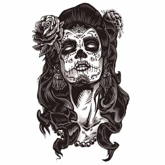 Aufkleber Mit Dem Kopf Einer Mexikanischen Totenkopffrau